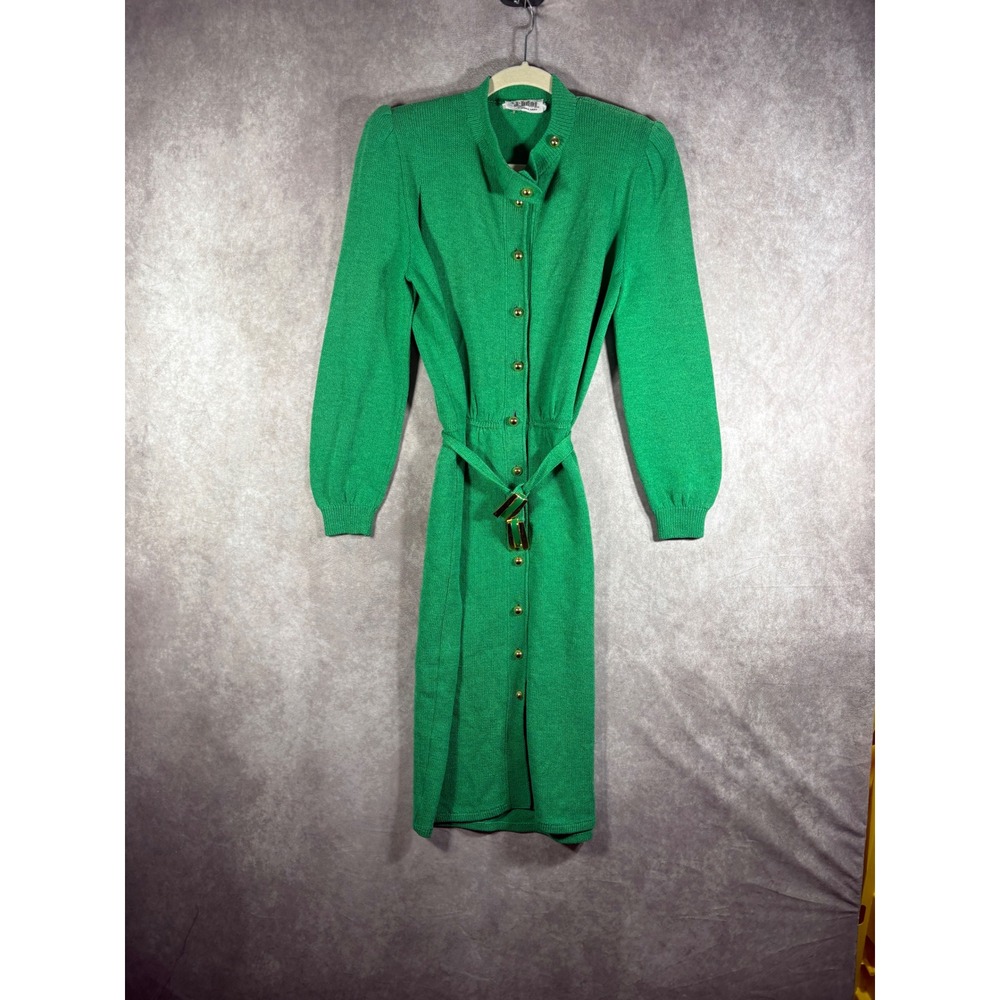 Vintage St.‎ John Knit Dress Womens 8 Green Marie Gray Santana Gold Button Belt